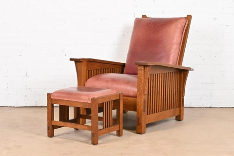 Stickley Mission Arts & Crafts Oak and Leather Reclining Chair with Ottoman Cover