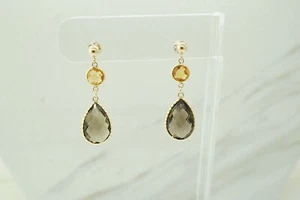 Estate Sale 14k Yellow Gold 12ct Smokey Topaz Dangle Earrings Gemstone Jewelry - Picture 1 of 4