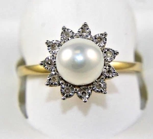 Fresh Water Pearl & Diamond Halo Solitaire Ring 14k Yellow Gold .06Ct 8mm - Picture 1 of 7
