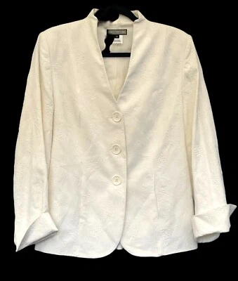 NWOT Thalian White Blazer Sz 10 Floral Embossed Split Cuff Accent Fitted Classy Foto 1 de 4