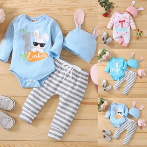 Newborn Baby Boys Girls First Easter Bunny Romper Outfits Kids Jumpsuit Hat Set - Picture 1 of 24