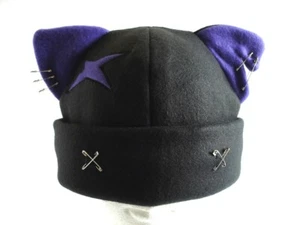 Kätzchen KATZE Ohr MÜTZE Pins Beanie SCHWARZ&LILA Kampf Narbe Cosplay Ostern HALLOWEEN - Bild 1 von 4