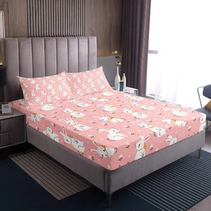 Cute Rabbit Bedding Set Cartoon Bunny Pink Bed Sheet Set for Kids Boys Girls ... - Picture 1 of 5