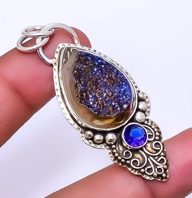 Colgante de plata de ley 925 con piedras preciosas de ágata pavo real de titanio de 2,34" A349 Foto 1 de 4