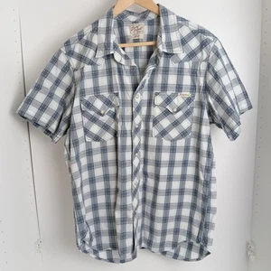 Vintage Lucky Brand Western Blue Check Shirt Plaid Pearl Snap Mens Large - Afbeelding 1 van 4