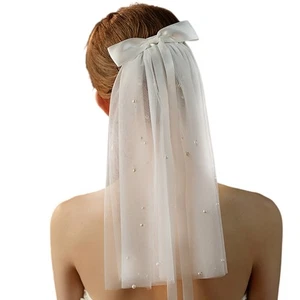 Two Layered Bride Veils Bowknot Headpiece Beadwork Pearls Decorative Headpiece - Picture 1 of 8