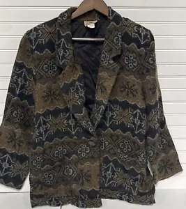 Vintage Gemini Knit Sweater Cardigan Blazer Brown Black Fair Isle 80s Women's M - Picture 1 of 9