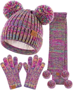 Girls Winter Hat, Gloves & Scarf Set - Fleece Lined with Pom Beanie, Neck War... - Picture 1 of 7