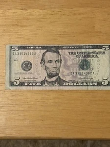 $5 Five Dollar Bill 1999 Offset Miscut Severely Off Center Error Circulated - Picture 1 of 4