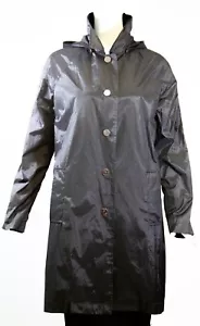 JANE POST Fiordo Black Silver Snap Front Button Hood Rain Trench Coat Jacket S - Picture 1 of 10