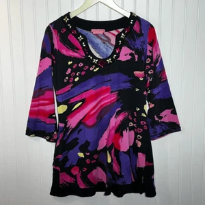 Joyous & Free Beaded Rhinestone Tunic Top Women’s Large Black Pink Long Sleeve - Picture 1 of 10