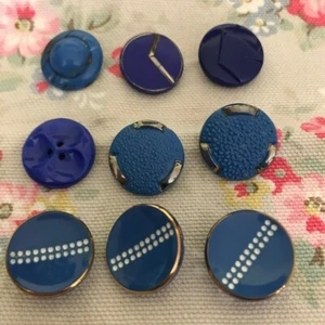 9 Vintage Blue Glass Buttons Mix Designs - Picture 1 of 2