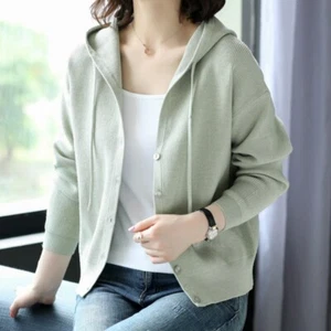 Lady Hooded Knitted Coat Jacket Cardigan Sweater Knitwear Outerwear Casual Loose - Picture 1 of 19