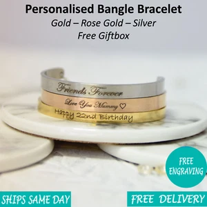 Mens Personalised Engraved Custom Bangle Bracelet - Gold Silver Rose Gold - Picture 1 of 6