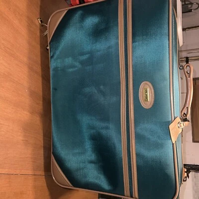 Vintage Jaguar Green With Brown Trim Suitcase 27 X 20 X 8 With Tag And Strap  - Image 1 of 4