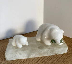 Marble Polar Bears on Agate Quartz Stone Base Momma & Cub Figurines Jade Fish - Picture 1 of 14