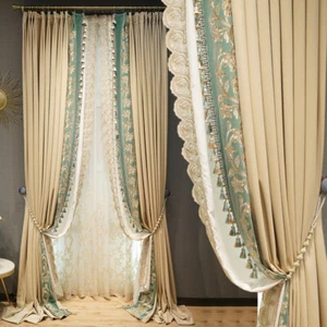 upscale American beige stitching green velvet cloth blackout curtain drape C1766 - Picture 1 of 12