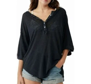Free People Maribel Cotton & Linen Blend Henley Black S NWT $78 (40) - Picture 1 of 10