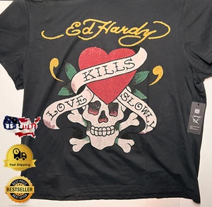 Ed Hardy "Love Kills Slowly" Rhinestone Skull & Heart Black Shirt NWT Size XL - Picture 1 of 5