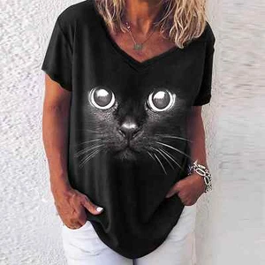 Fashion V-Neck Short Sleeve T-Shirt Cats Cat Graphic Oversized Women Tees Blouse - Picture 1 of 33