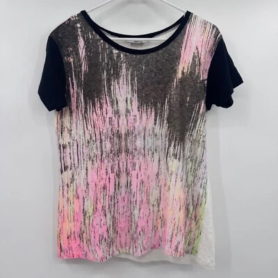 Sandro Paris Top Women 6 US White Linen Short Sleeve Black Pink Open Back Artsy - Image 1 of 4