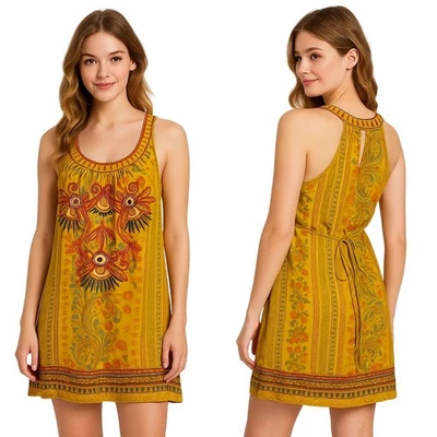 Twenty One Boho Embroidered Floral Yellow Sleeveless Tunic Dress Cotton Size XS - Image 1 of 4