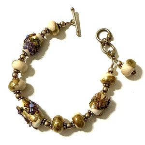 Bracelet ancien perles gâteau de mariage en verre vénitien orné ton or 7,5" - Photo 1/8