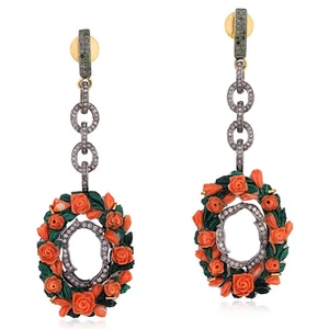 Vintage Shell Cameo Earrings Silver Gold Diamond Accent Dangle Drop Jewelry - Picture 1 of 6