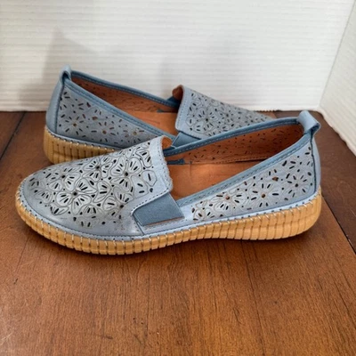 Spring Step Women Blue Leather Floral Laser Cut Slip On Loafer Flats Size 37 - Image 1 of 4