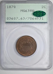 1870 Two Cent Piece 2C PCGS Rattler MS63RB CAC - Picture 1 of 5