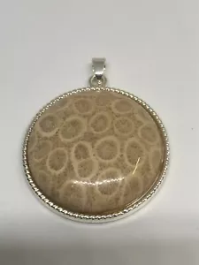 Handarbeit 925 Sterling Silber Fossil Koralle Anhänger rund Naturstein Schmuck - Bild 1 von 7