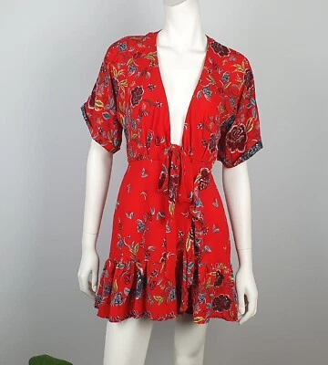 Angel Biba Size 8 A Line Skater Dress Red Floral Ruffle Hem Deep V Neckline Bow - image 1 of 4
