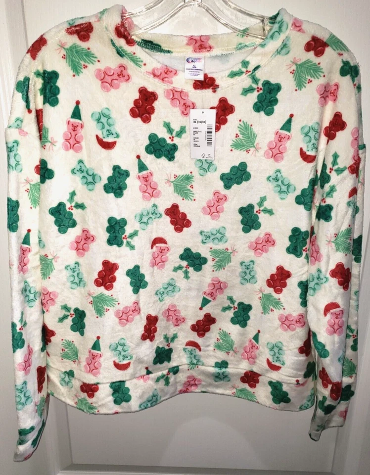 girls XL 16/18 gummy bear CHRISTMAS NEW NWT TOP FLEECE RED GREEN PINK CUTE! - Image 1 of 1