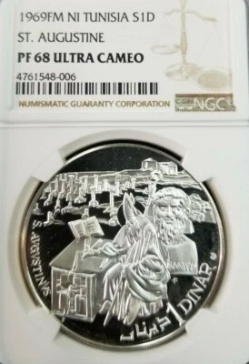1969 TUNISIA S1D PHILOSOPHER ST AUGUSTINE NGC PF 68 ULTRA CAMEO TOP POP SCARCE - Image 1 of 3