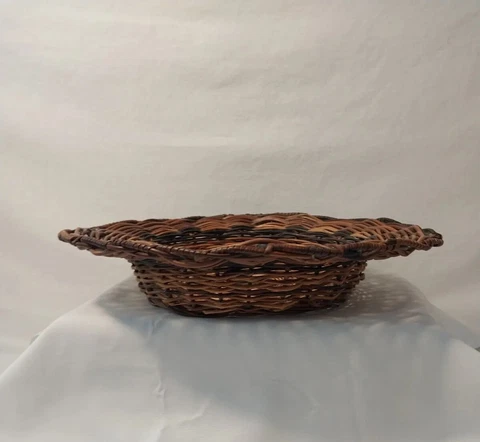 Vintage 12” Inch Shallow Brown & Black Woven Wicker with Wide 2" Lip Twirl Edge Cover