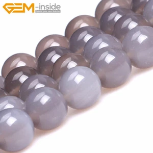 Natural Grey Agate Gemstone Round Loose Beads For Jewellery Making Strand 15" UK - Picture 1 of 56