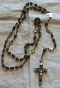 Rosary Wood Beads Brown Vintage Virgin Mary Christ Lourdes - Picture 1 of 8