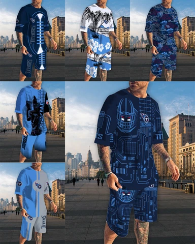 Tennessee Titans Men's 2 Piece T-Shirts Swim Trunks Set Beach Shorts W/Pockets Cover