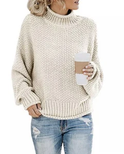 CHERFLY Sz L (US 12-14) Ivory Woman Turtleneck Sweaters Pullover Loose Knitted - Picture 1 of 12