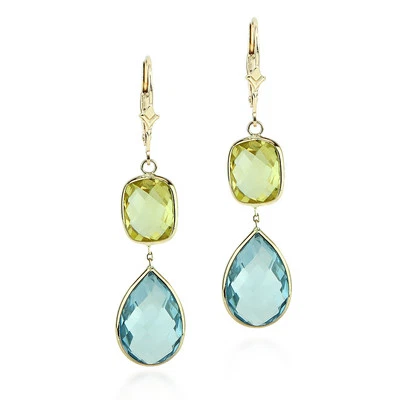 14K Yellow Gold Gemstone Earrings With Lemon and Blue Topaz - Image 1 of 3