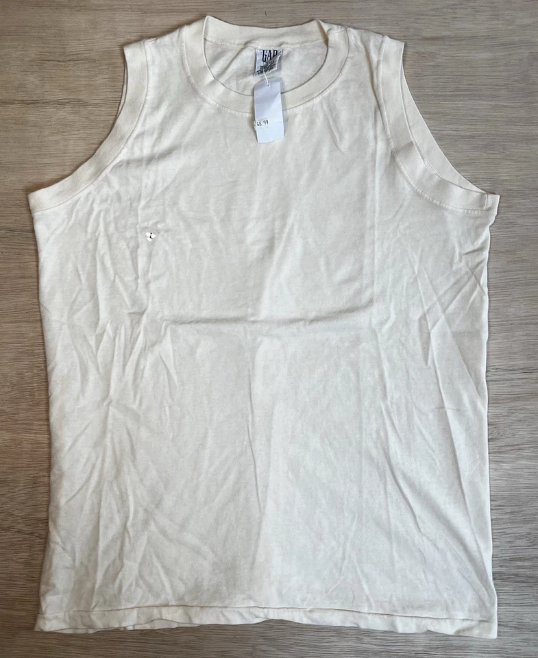 复古全新带标签 GAP 无袖衬衫男式 L 美国制造 80 年代单针背心象牙白 — 第 1/4 张图片