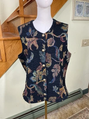 Vintage Touch O'Blue Size L Tapestry Button-Front Vest Black Floral Cottagecore - Image 1 of 4