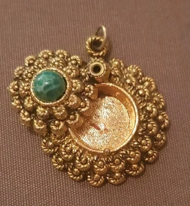 Antique Carved Goldtone & Jade Green Marble 1.5" Balm Locket Pendant French - Picture 1 of 8