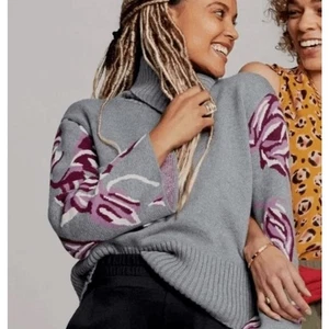 CAbi Eden Pullover Rollkragen Strickpullover grau Blumen Schlagärmel Large Freizeit - Bild 1 von 14