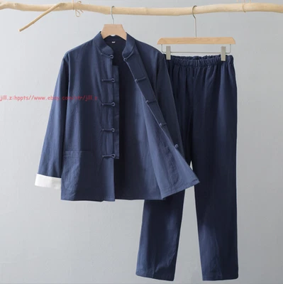 Men Chinese Traditional Linen Cotton Tai Chi Kung Fu Uniform buckle Shirt+pants - Image 1 of 4