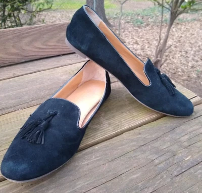 J. Mocasines planos Crew F5735 para mujer 9,5 de gamuza negra con borla Cora Foto 1 de 4