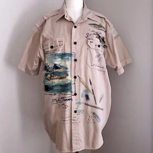 VTG Polo Ralph Lauren Shirt Sportsman Fly Fishing Fish Button Up Sz XL Tan Khaki - Picture 1 of 12