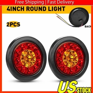 2x Red/Amber 16 LED 4"Inch Round Truck Trailer Brake Stop Turn Signal Tail Light - Picture 1 of 10