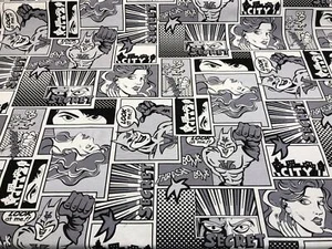 Comic Superhero Bonk Black White Art Cotton Blend Fabric by the yard - Picture 1 of 4