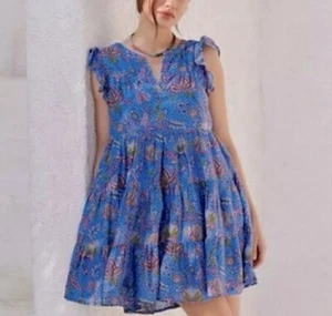 Roller Rabbit Blue Floral Paisley Cotton Mini A-Line Boho Dress Size Medium - Picture 1 of 7